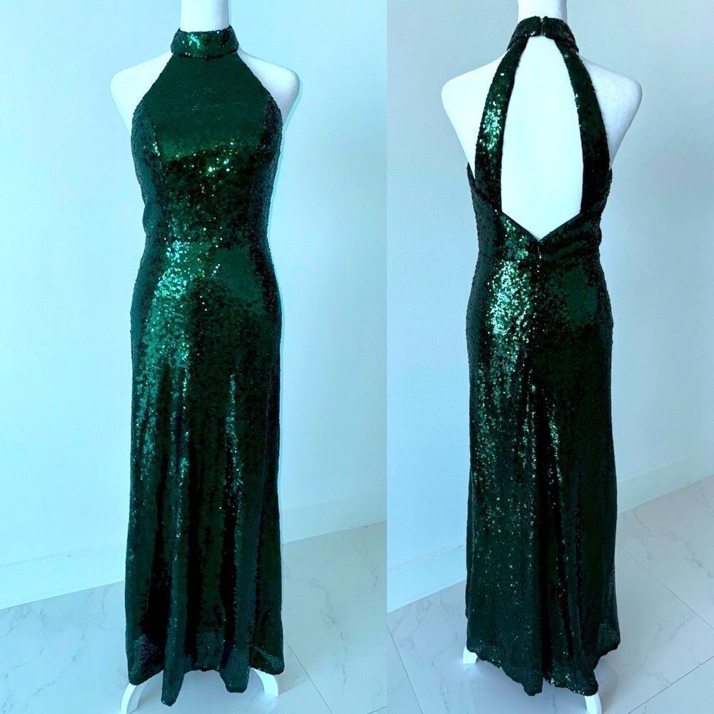 REVELRY Tori Fully Sequin Maxi Dress Sz 2 / XS – Halter Backless Gala Wedding